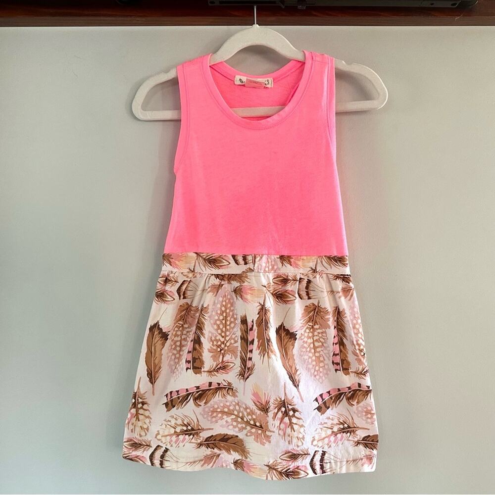 Peas and Queues Girls Size 4 Pink Feather Dress Boho Boutique Made in USA